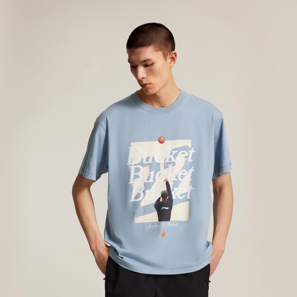 Li-Ning Basketball Series Letter Print Pattern Breathable Versatile Short Sleeve T-Shirt Men Tops Cyan-Gray-Blue AHSV401-2