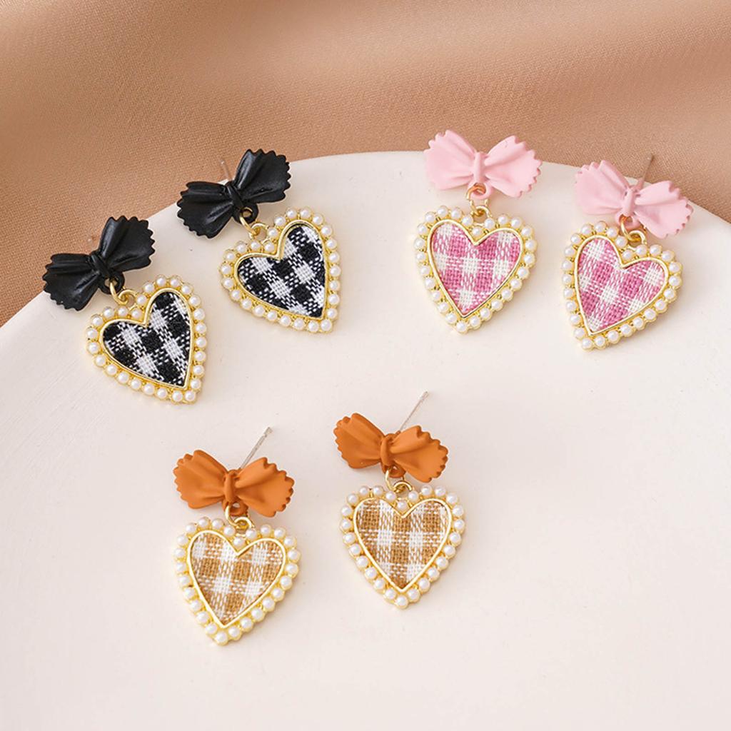 Trend Heart Dangle Earrings Handmade Hanging Love Grid Bowknot Earrings Ornament for Women Girls Wedding Party Jewelry