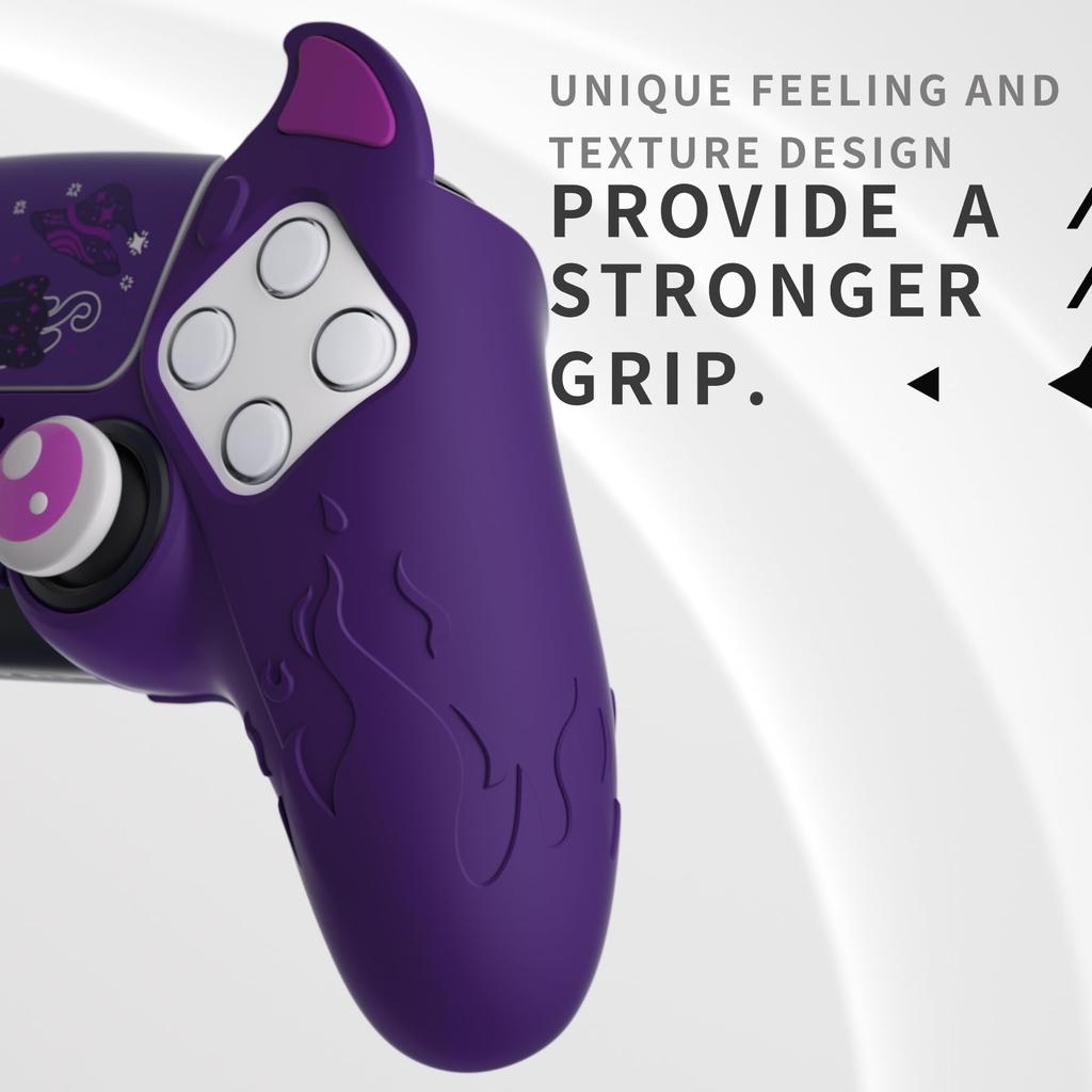 PlayVital PS5 Controller Silicone Cute Controller Cover Skin Protector with Thumb Grip Caps and Touchpad Stickers Cover, (Demon Style) (Purple)