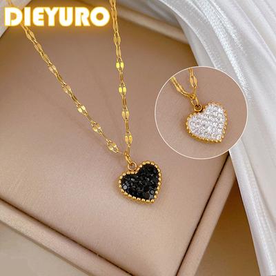 DIEYURO 316L Stainless Steel Minimalist Black White Crystal Reversible Heart Necklace New Fashion Clavicle Chain Zircon Gif