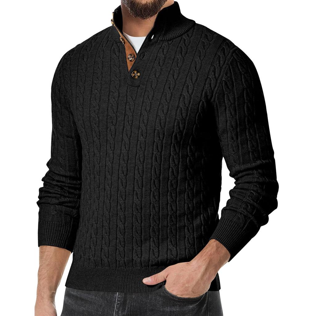 Men's Casual Sports Knit Sweater Slim Fit Button High Collar Patchwork Sweater