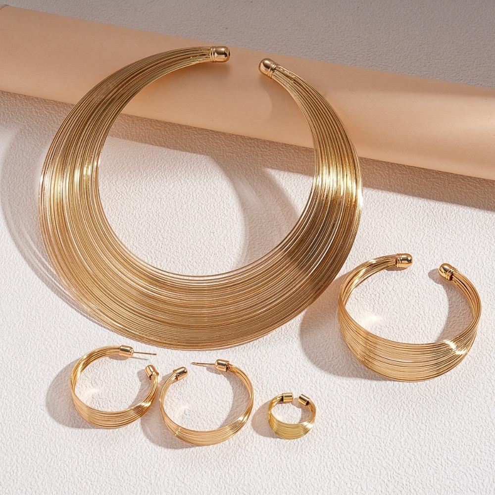 4Pcs/set Exaggerated Design Geometric Necklaces Metal Wire Punk Style Metal Jewelry Sets Round Earrings Multi-layer Necklaces