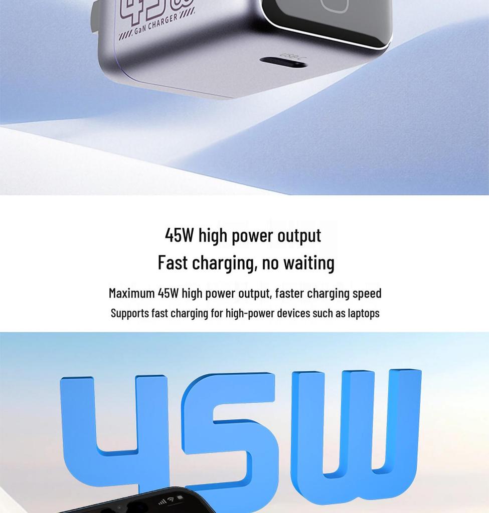45W GaN Fast Charger with AI Smart Display for Tablets and Phones