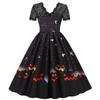 Women's Casual Halloween Print V-Neck Zip Short Sleeve Lace Panel Swing Dress