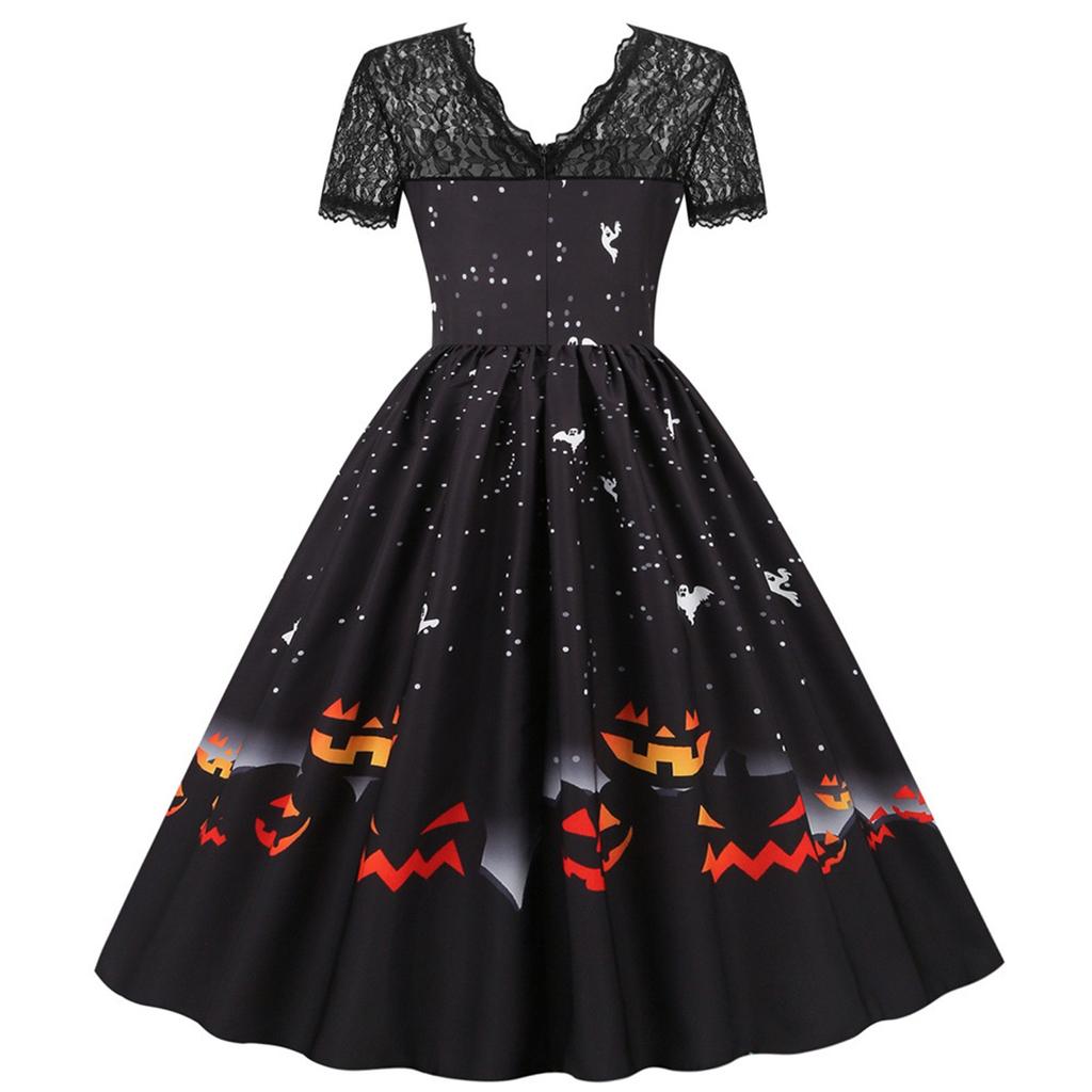 Women's Casual Halloween Print V-Neck Zip Short Sleeve Lace Panel Swing Dress