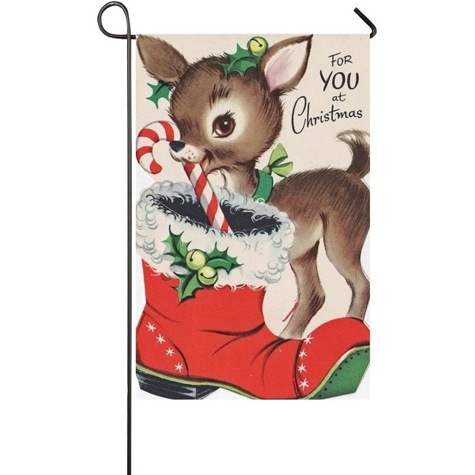 For You At Christmas Deer Candy Cane Bells Garden Flag Holiday Decoration Double Sided Flag 12.5 x 18 Inch