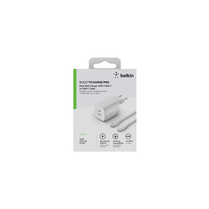 Chargeur secteur - Belkin - 65W - 2 ports USB-C - Câble USB-C 2m - Power Delivery