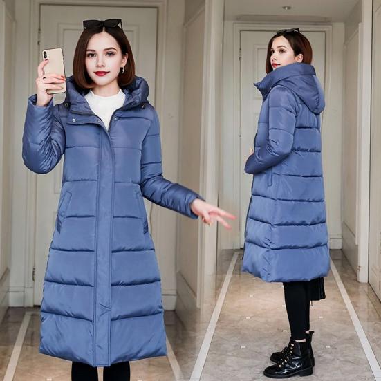 Winter Down Coat Thickened Padded Hooded Stand Collar Knee Length Pockets Zipper Closure Windproof Heat Retention Warm Daily Outwear Cotton Jacket