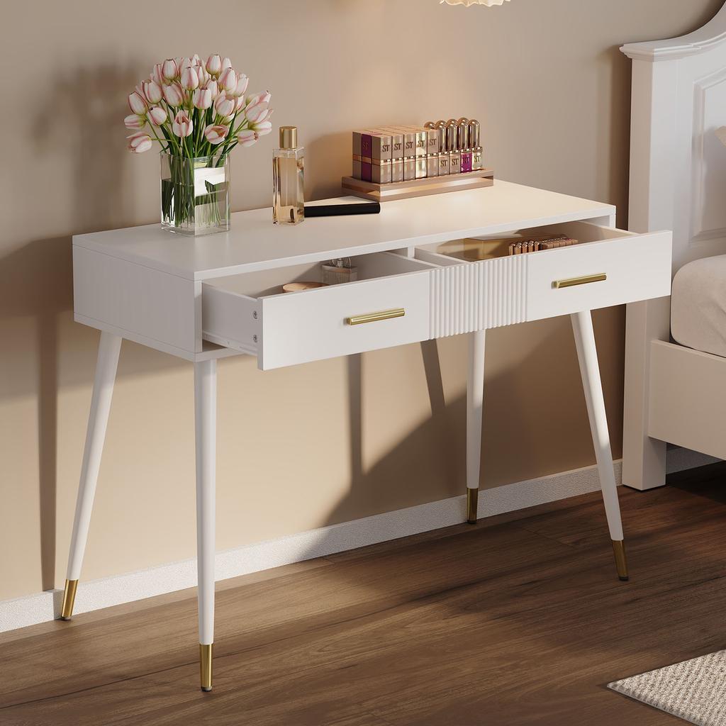 Makeup Table, Dressing Table, Desk with 2 Drawers, Metal Legs, White, Dimensions: H 76 cm × W 100 cm × D 40 cm (without mirror)