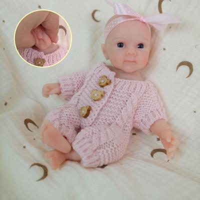 Mini 8 Zoll Vollsilikon Simulationspuppe Bettie Rosa Pullover Strampler Niedliche Reborn-Puppe Weiche Haptik Dehnbare Gliedmaßen Geschenk zum Kindertag Neujahr