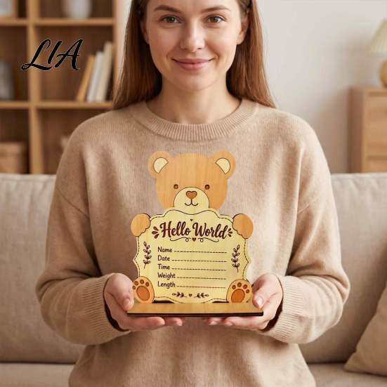 Baby Arrival Sign for Hospital Wooden Birth Announcement Sign, Cute Bear Hello World Newborn Welcome with Stand, Name Plaques Photo Props Shower