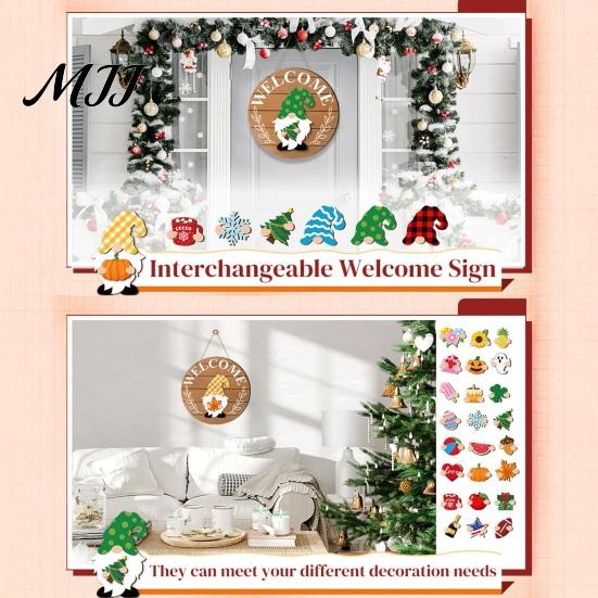 Festive Wooden Door Decoration 1 Set Interchangeable Welcome Sign with Seasonal Hat Accessories Gnome Hats Highland Cow Hanging Front Home
