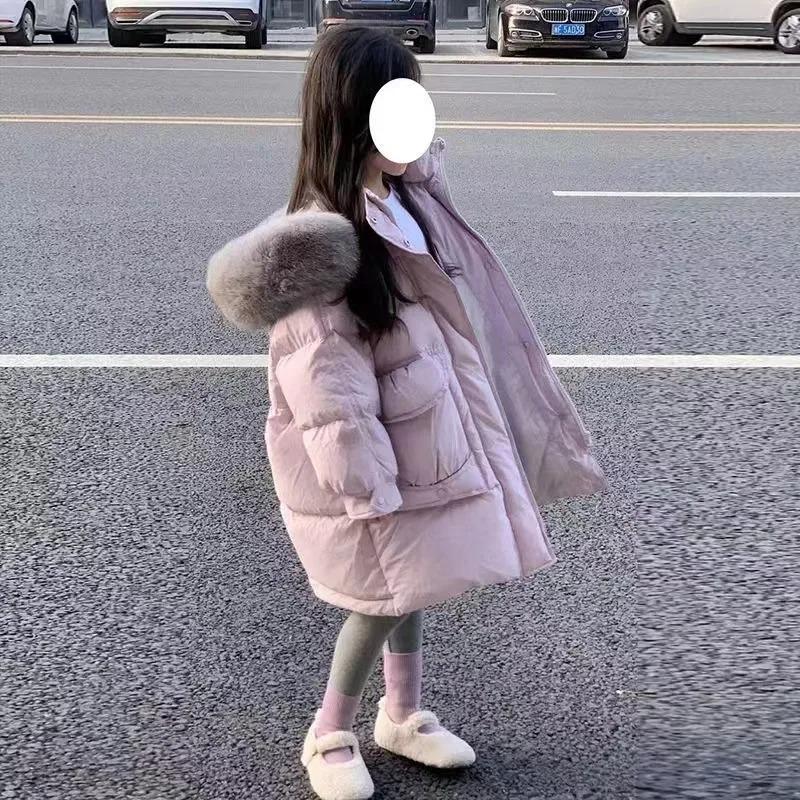 Winter Girls Jacket Long Solid Color Thick Warm Big Fur Collar Hooded Zipper Coat Teen Kids Parka