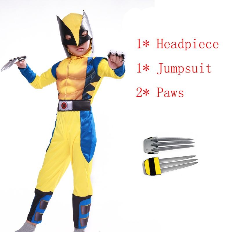 Exquisites blau-gelbes Wolverine-Muskelkostüm für Kinder und Erwachsene, ideal für Halloween-Partys