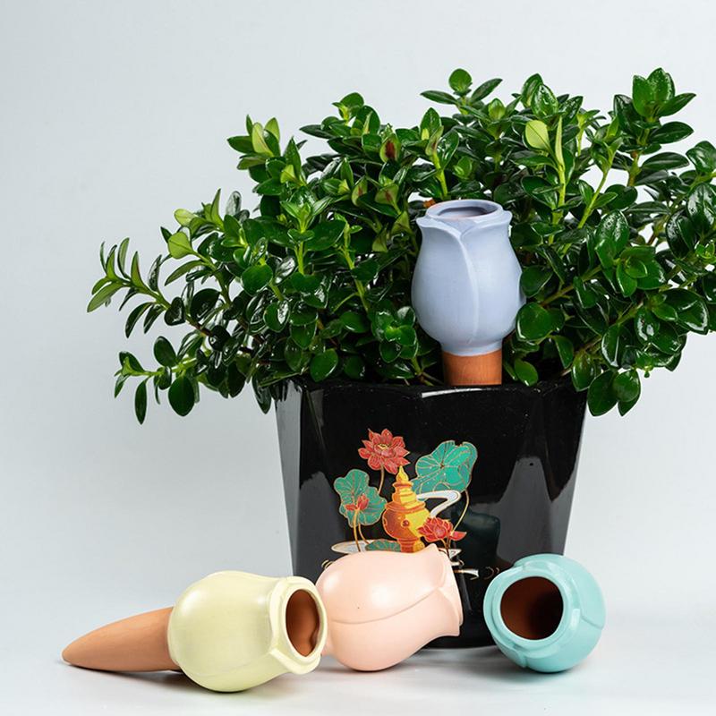 Terracotta Watering Spikes 4X Decorative Flower-Shaped Natural Plant Waterer Devices Auto-Water Irrigation System Automatic