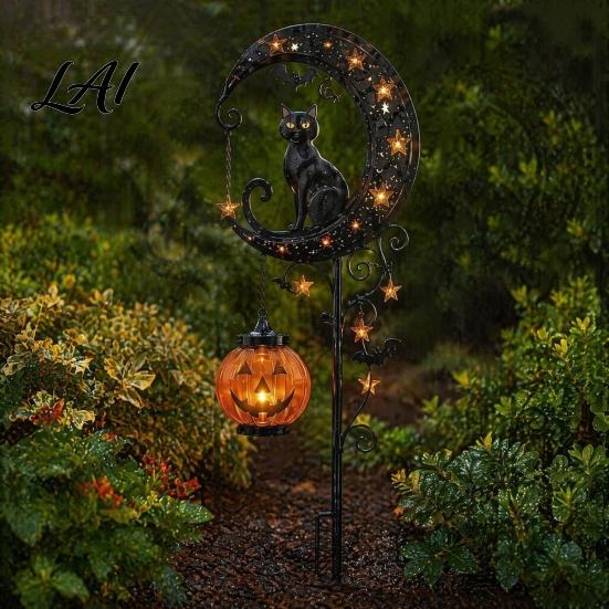 Beleuchtete Schwarze Katze Gartendekoration Halloween Solar-Erdspießlicht Metall & Kürbis Mond Wasserdichte Hängedekorationen für Rasen Terrasse Hof Weg