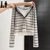 CHOCOOLATE Women's Fake Two-Piece Striped Hooded Long Sleeve T-Shirt