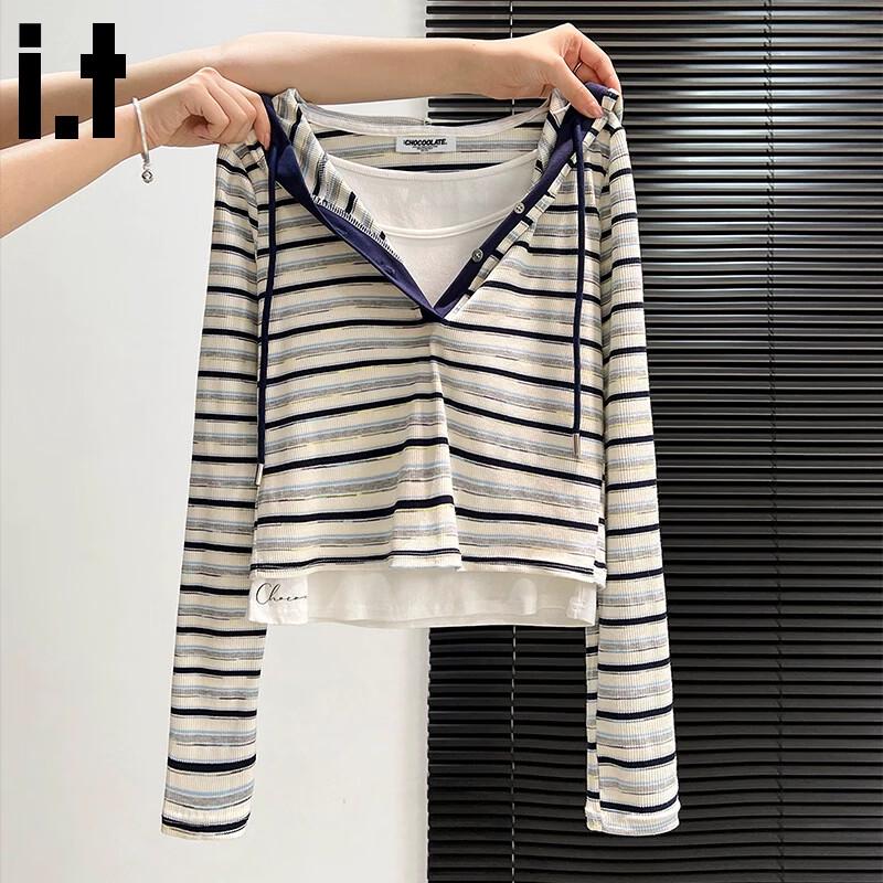 CHOCOOLATE Women's Fake Two-Piece Striped Hooded Long Sleeve T-Shirt