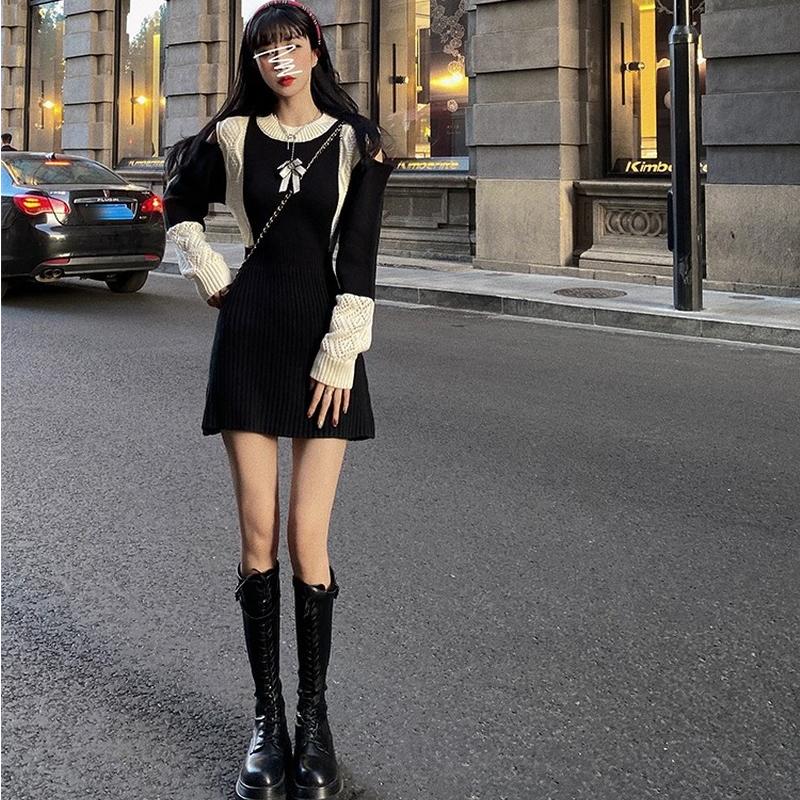 Abito avvolgente a maniche lunghe per donne fuori spalla lavorato a maglia  casual stile coreano gotico nero abito da sera temperamento sexy mini  vestito acquista in modo economico — spedizione gratuita, recensioni