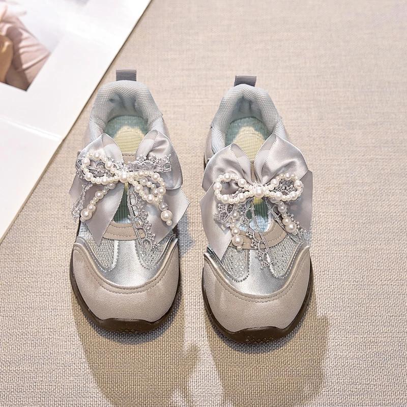 

Girls Princess Shoes Big Bows Beading Children Sneakers Casual Mesh Breathable New Kids Sports Shoes Hook&loop Sweet 26
