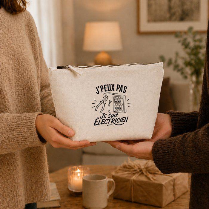 Trousse de toilette - PLANETEE - J'peux pas je suis Électricien - Beige - 100% coton - 3 L