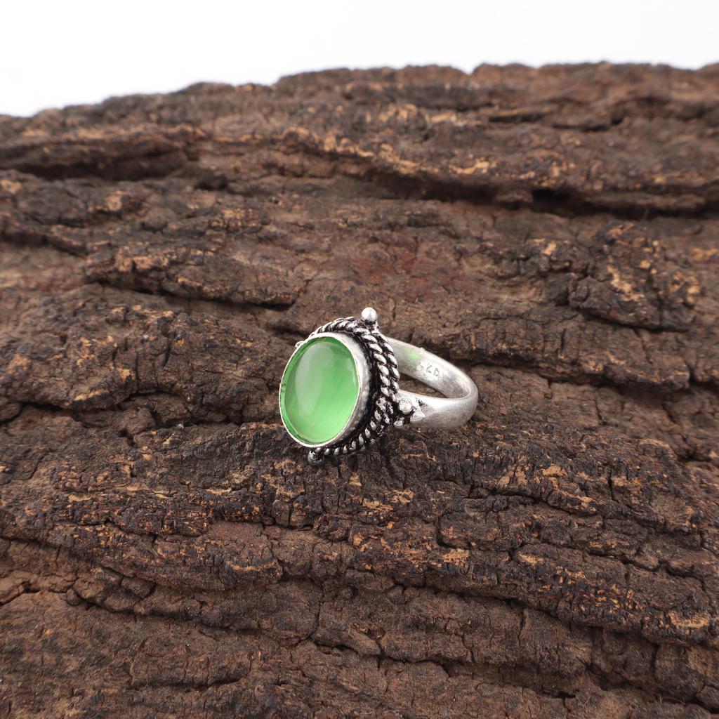 Green Cat's Eye Gemstone Ring, 925 Solid Sterling Silver Jewelry, Handmade Spiritual Ring For Wedding Gift