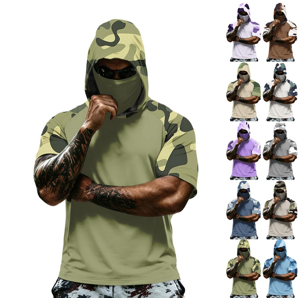 Camiseta con Capucha de Manga Corta para Hombre Casual Estampado de Camuflaje Manga Raglán Pulóver Top Ligero para Deportes al Aire Libre