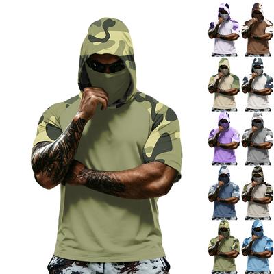 Camiseta con Capucha de Manga Corta para Hombre Casual Estampado de Camuflaje Manga Raglán Pulóver Top Ligero para Deportes al Aire Libre