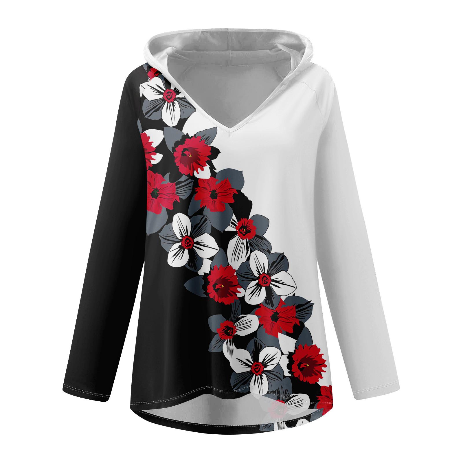 Женские свободные топы с V-образным вырезом и капюшоном с длинными рукавами — фото 4