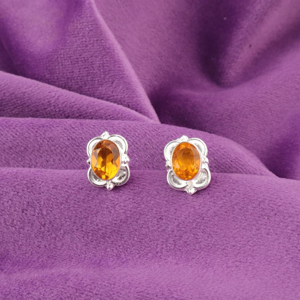 Oval Natural Citrine November Birth Stud Post Boho Earrings 925 Sterling Silver EE-149-12