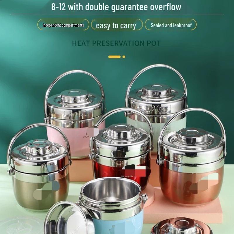 304 Stainless Steel Double-Layer Vacuum Bento Box with 8-Hour Heat Retention and Lifting Handle for Office Workers and Students