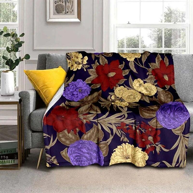 Módní přikrývka se zářivými květinami – lehký flanelový přehoz na pohovku, přikrývka s digitálním potiskem s měkkou a červotočivou flanelovou látkou