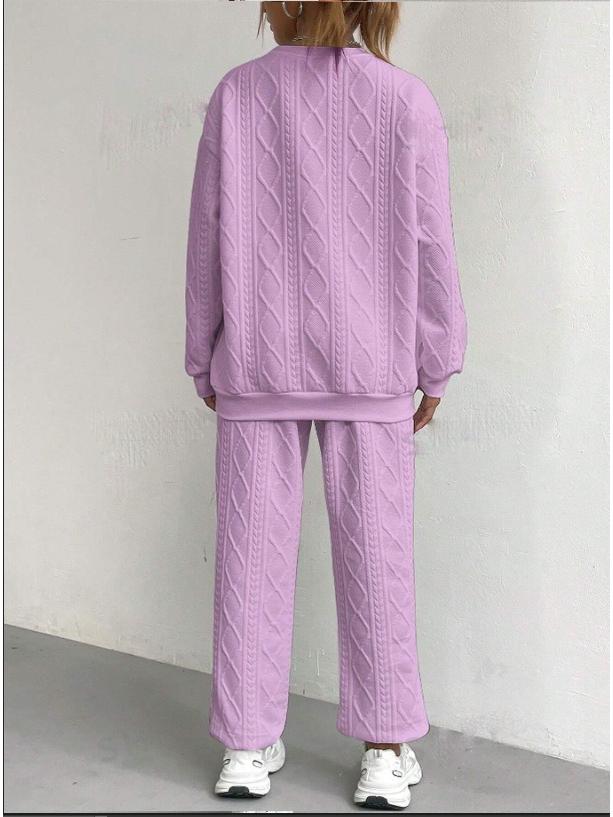2025 Women's Cable Knit Patchwork Crew Neck Top & Jogger Set - Spring/Autumn