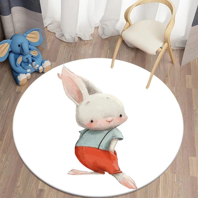Cartoon Bunny Print Round Carpet Rabbit Area Rugs Circle Carpets for Living Room Floor Mat Polyester Anti-Slip Mats for Children