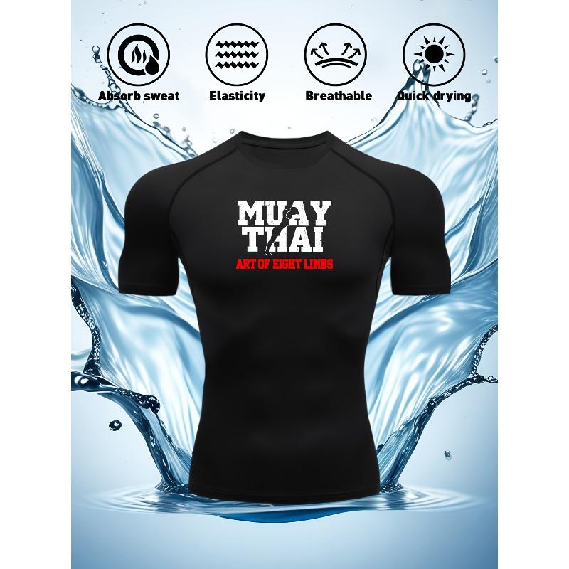 Men's Navy Blue Compression T-Shirt with "MUAY THAI Art of Eight Limbs" Print, Elastic Quick Drying Breathable Muay Thai & MMA Training Top