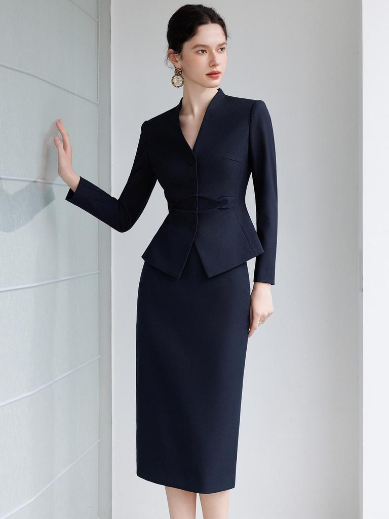 2025 High-End Women's Navy Blue V-Neck Suit Skirt Set - Formal, Slim-Fit, Professional Wear