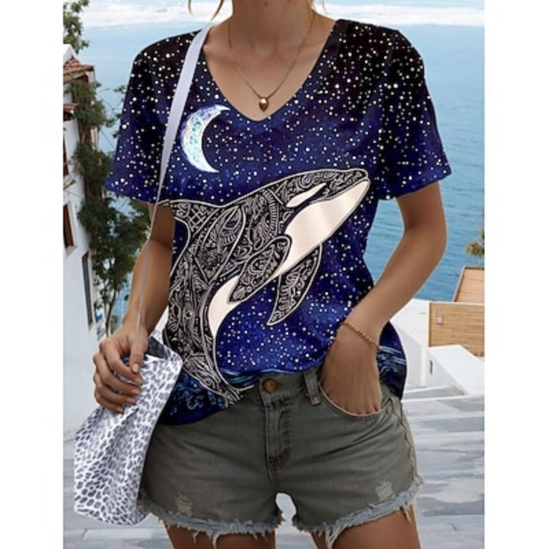 

Жіноча футболка Серце Квітковий Мода Короткий рукав V-подібний виріз Звичайні Топи Повсякденний Вихідний Принт Блакитний Небесно-блакитний Літо 5XL