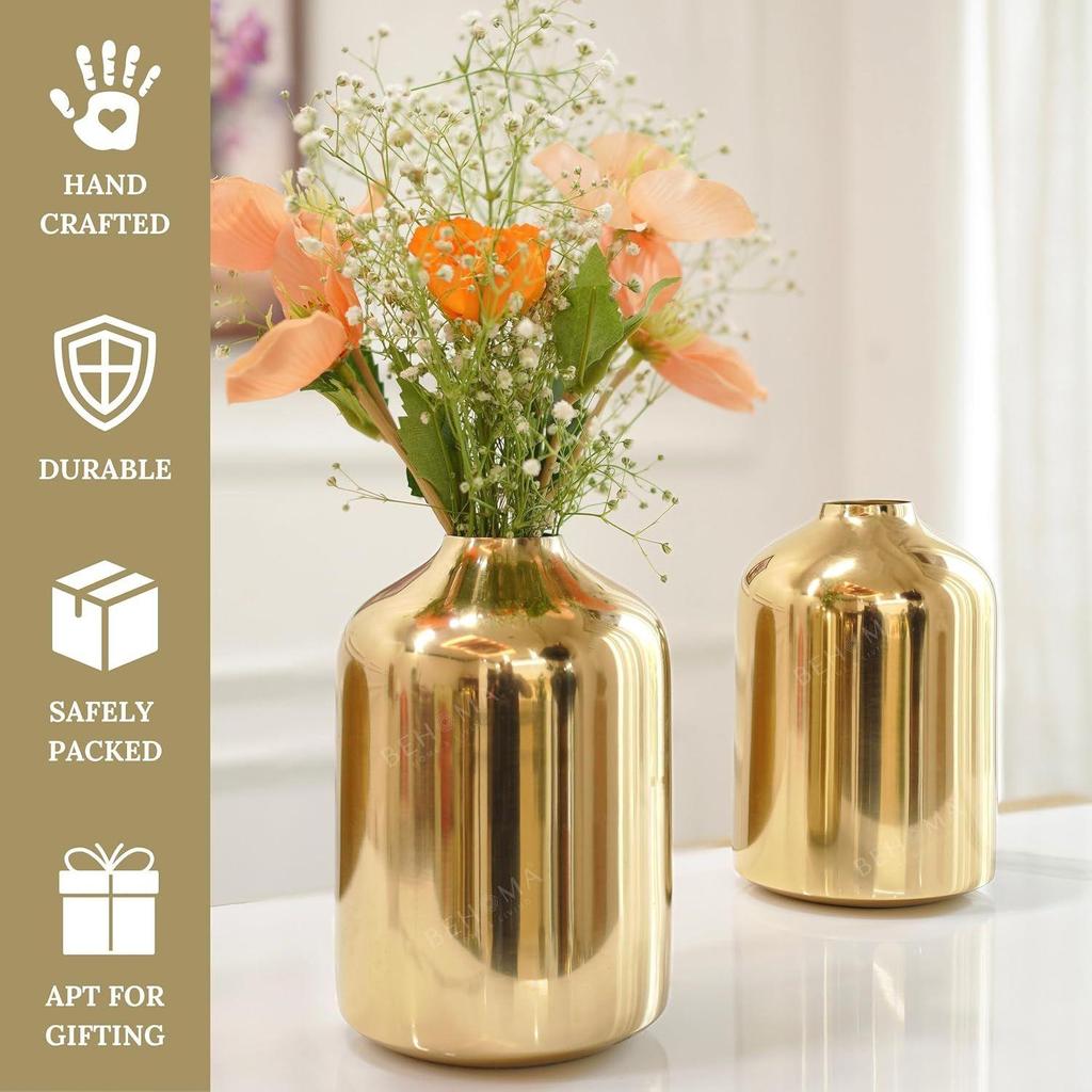Metal Flower Vase Set of 2, Gold | Modern Metal Flower Vase In Gold –  Displays for Living Room – Great Wedding Gift (Set of 2)
