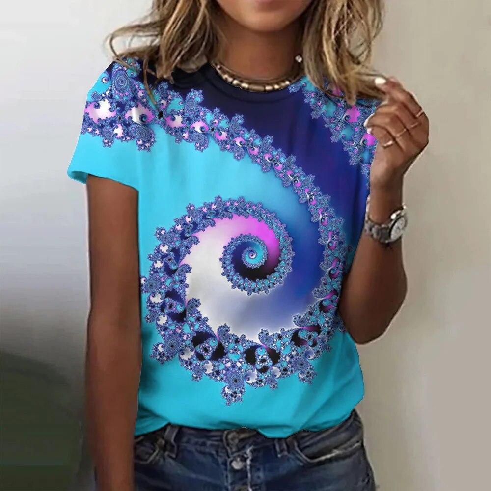 Women's Short Sleeved Top Pullover Fashionable Y2K Casual Vortex Street 3D Floral Print Round Neck T-shirt