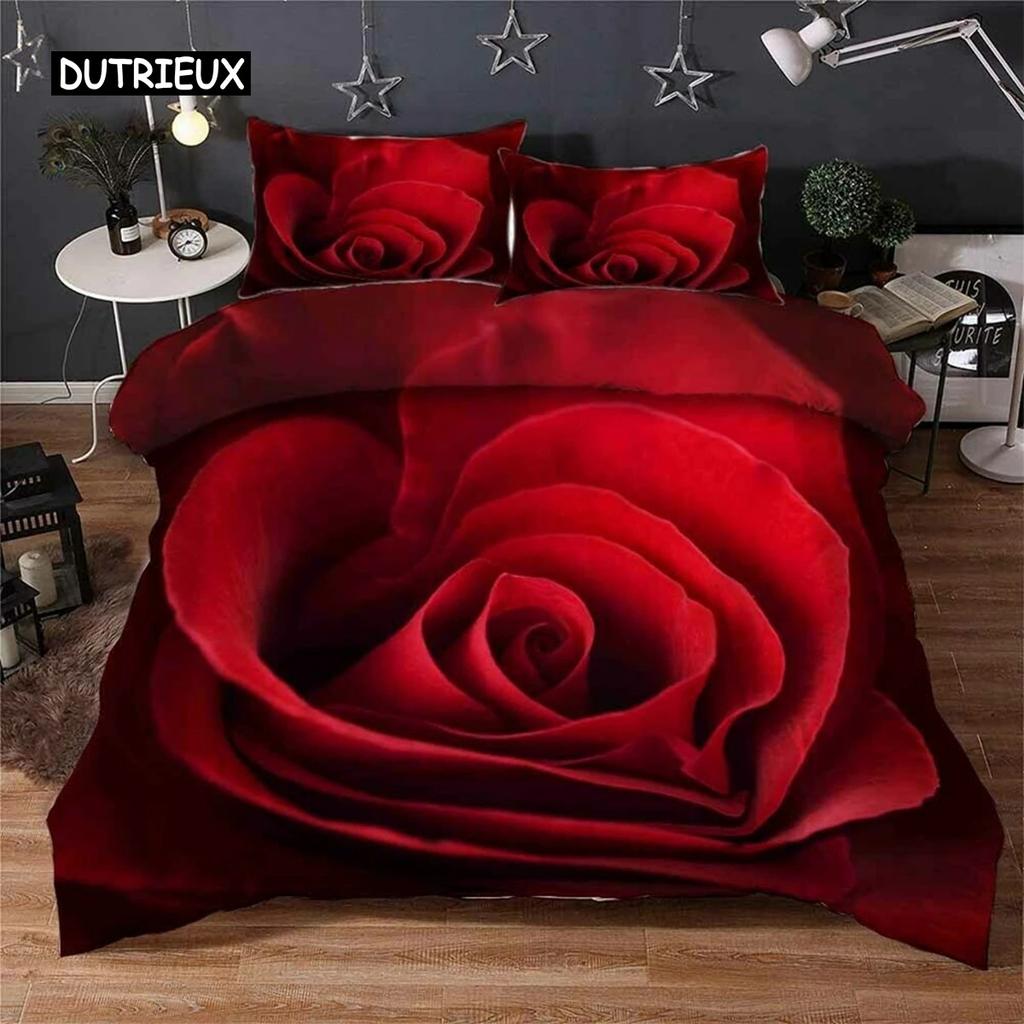 3D Rose Heart Bedding Set Nordic Duvet Cover 150x200 220x240 King Size Quilt Cover Modern Cat Wolf Print Pillowcase