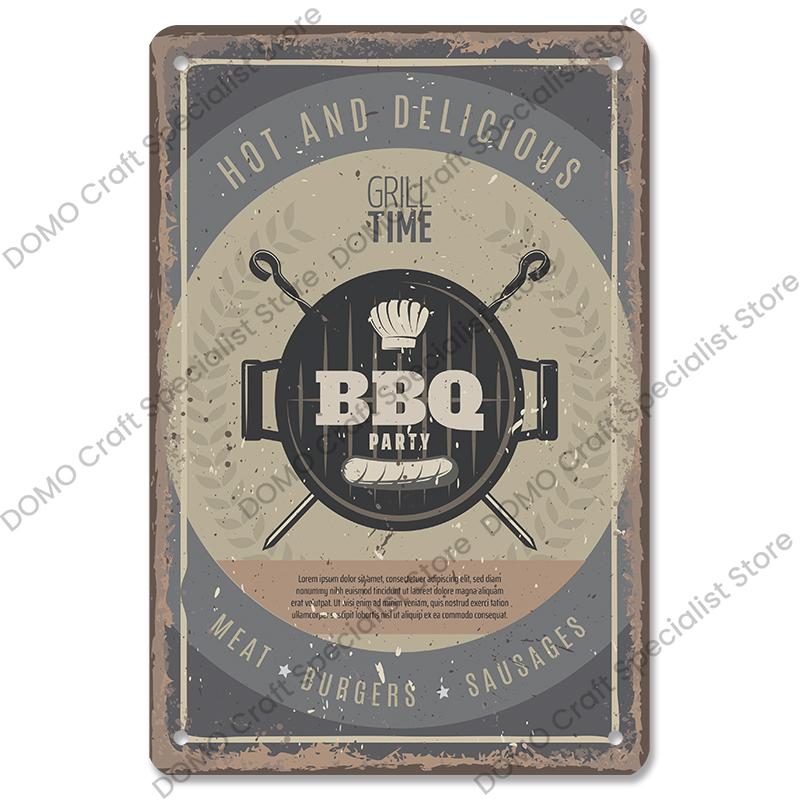 Vintage Barbecue Plaques Metal Tin Signs Grill Meat Steak Sausage Retro Metal Plate Wall Decor BBQ Party Shop Dining Room