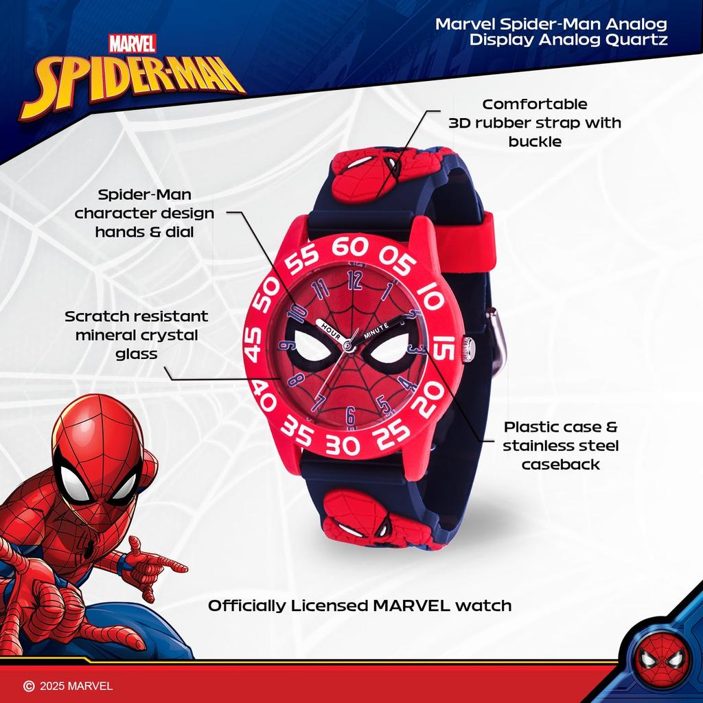 Marvel Spider-Man Kids Time Teacher Analog Watch 32 mm Case 3D Rubber Strap