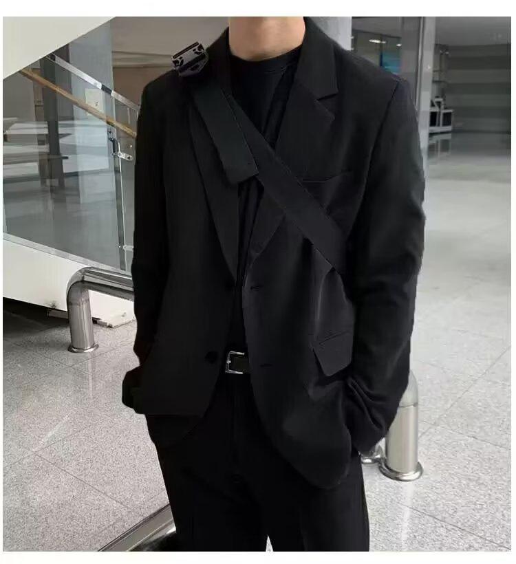 Men's High-End Black Casual Blazer - Korean Style with Shoulder Pads