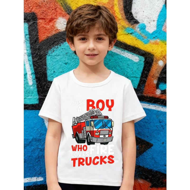 Boys Fire Truck Print Crewneck Short Sleeve Tee 110 белый