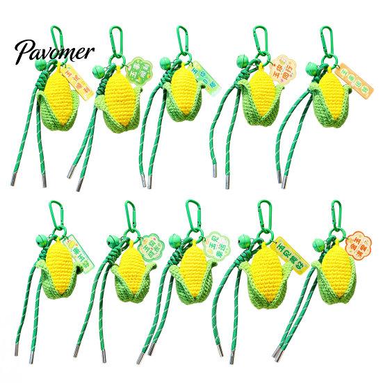 Good Luck Keychain Crocheted Corn for Backpacks, Handmade Keyring with Bell Portable Charm & Blessing Tag, Simulated Vegetable Bag Pendant