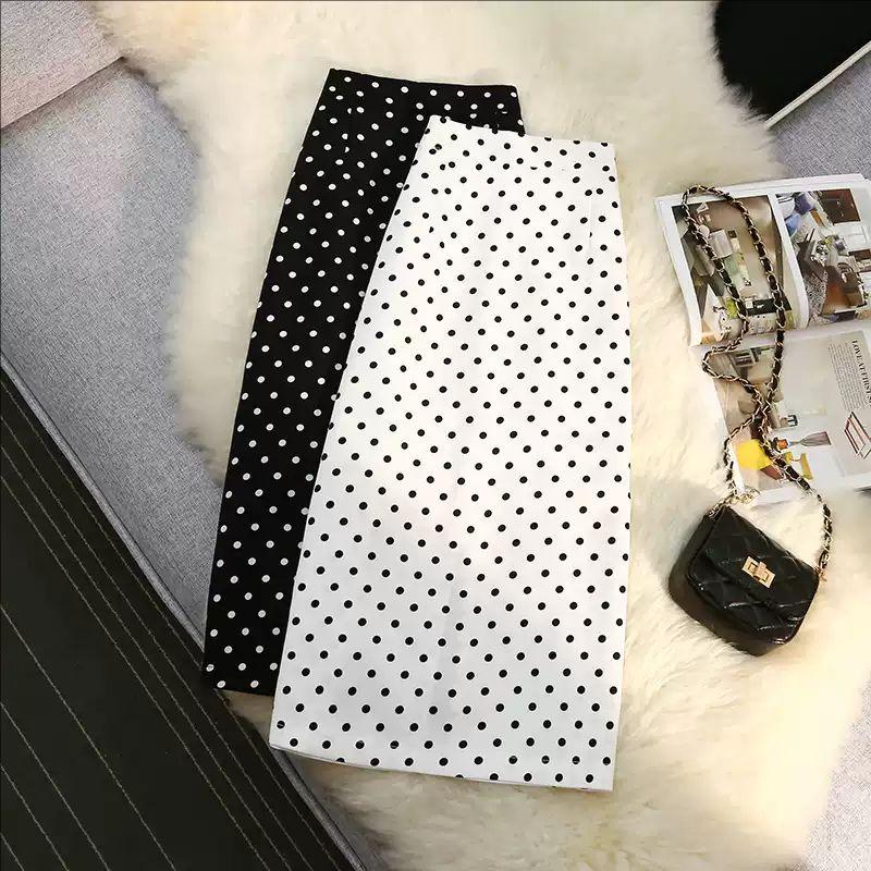 2026 Women s High-Waisted A-Line Polka Dot Midi Skirt with Slit - New Summer Arrival M: 96-107 lbs