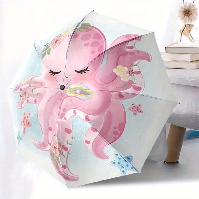 1pc Cute Pink Octopus with Flowers - Automatic Opening Umbrella, Portable 3-Fold Design, 8-Rib Outdoor Umbrella, Festival Gift for Fans, Traveler