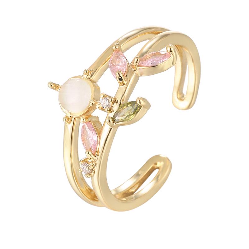 Niche Double-Layer Willow Leaf Zircon Open Ring - Fashionable Pure Copper Women's Jewelry.