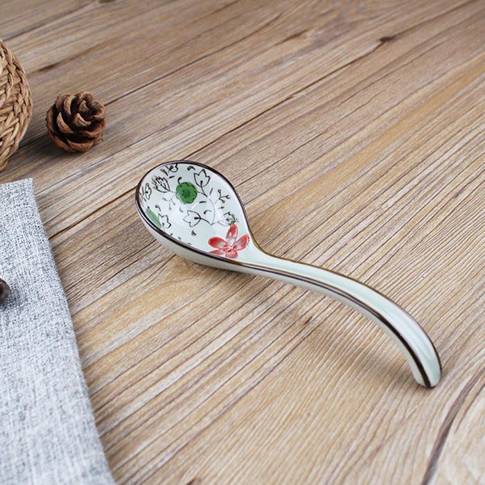 Soup Spoons Japanese Ceramic Kitchen Tableware Long-Handled Spoon Creative Retro Flower Print  Household Tableware Set Spoon