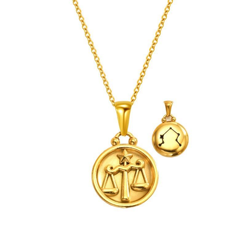 Gold Titanium Steel Round Double-Sided Wearing 12 Constellation Necklace Women'S Light Luxury Collarbone Chain Pendant